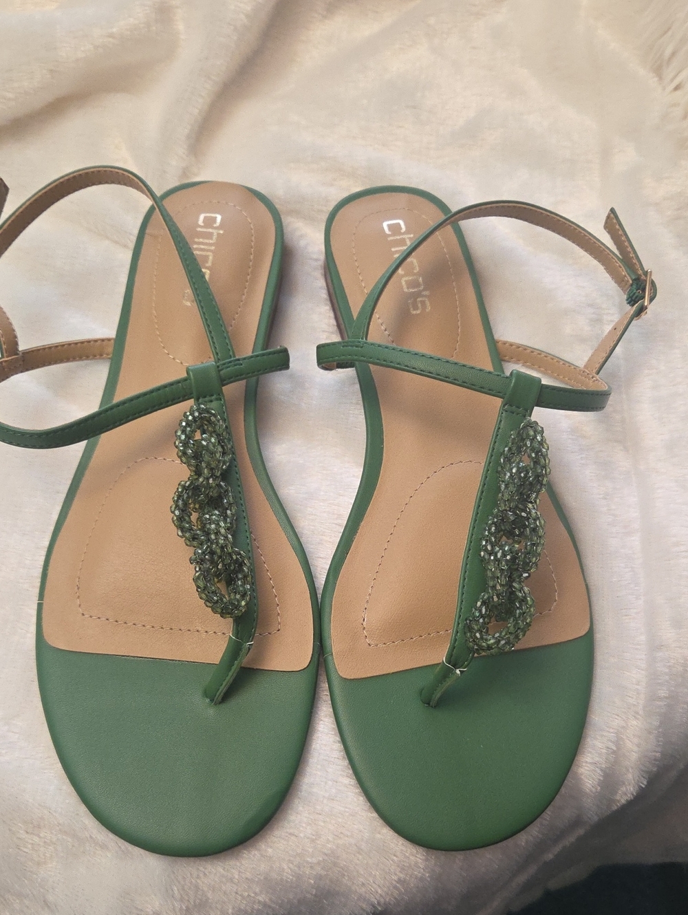 Chico's Green Beaded T-Strap Sandals with Ankle Strap